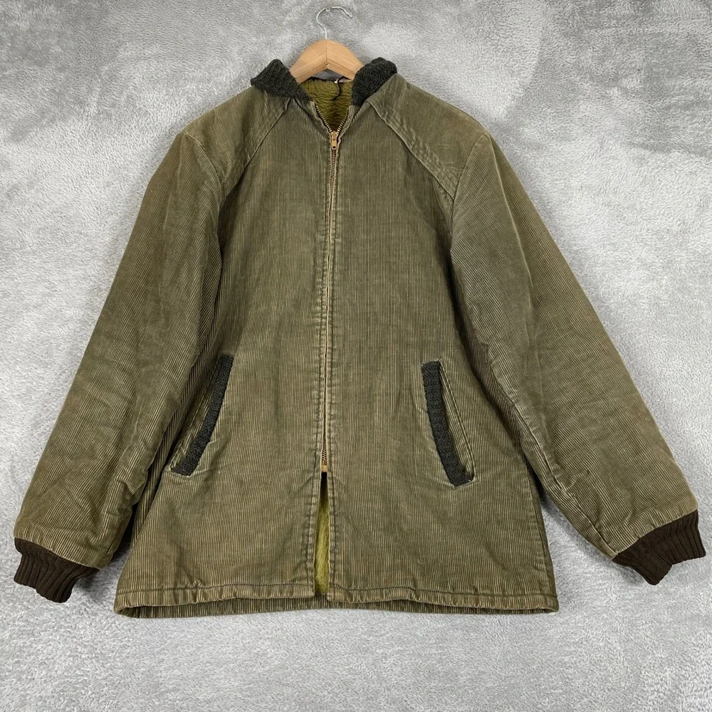 Vintage Corduroy Jacket Mens Medium Green Workwear Barn Coat 80s Sherpa Lined